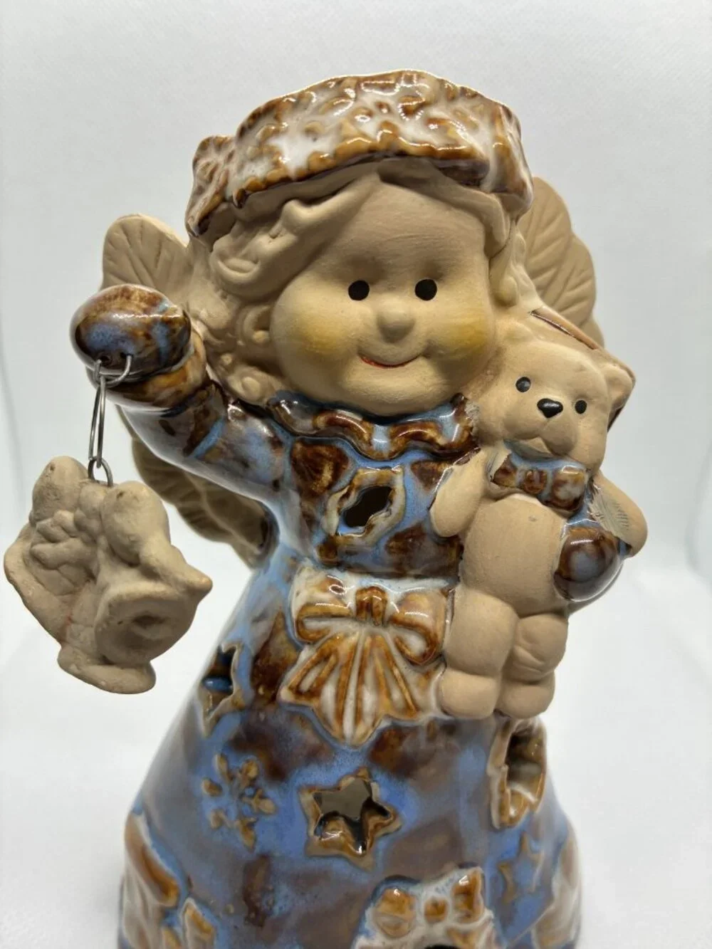Ceramic Angel Candle Holder Figurine Christmas Decor Tea Light Warmer Blue Brown